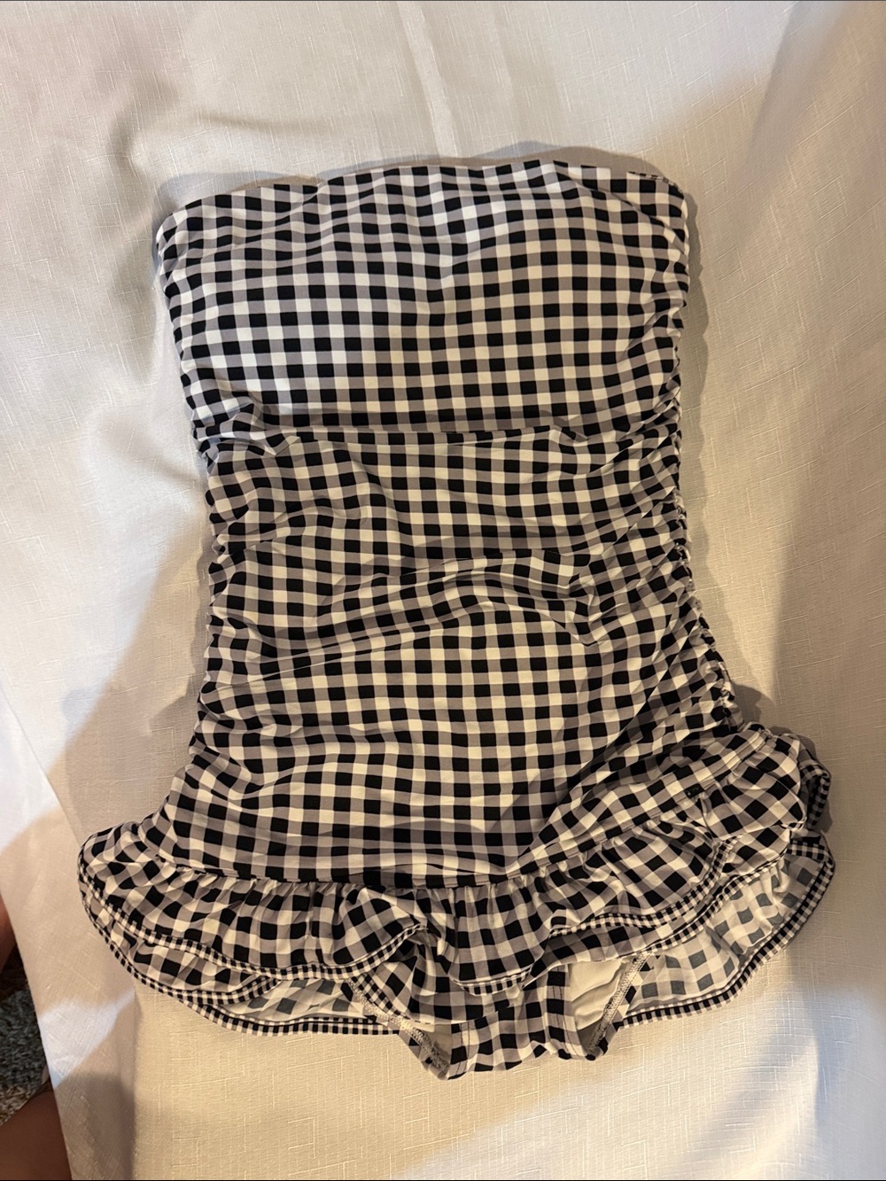 Strapless Black & White Gingham Ruffle One-Piece Swimsuit - Picture 8 of 8